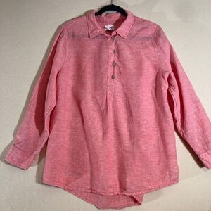 Sigrid Olsen Linen Popover Top 1X Coral Roll Tab Sleeve Lagenlook Beach Vacation